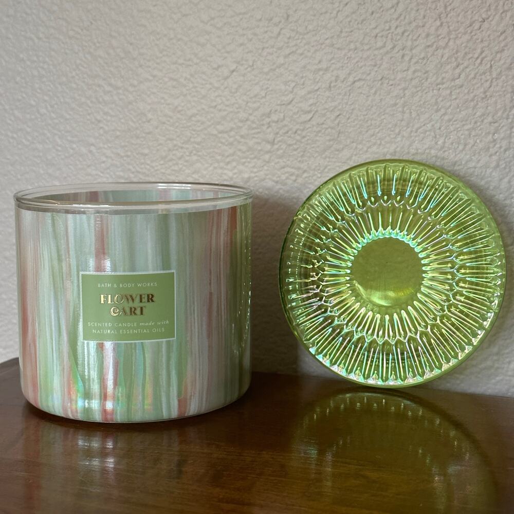 new! Bath & Body Works Flower Cart Glass Lid 3-Wick Candle Spring Green